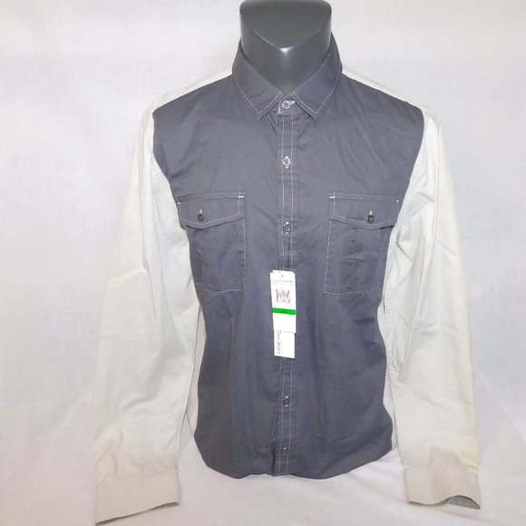 Calvin Klein Mens L Gray two Tone Color Block Long Sleeve Button Front Shirt NEW - Picture 1 of 12